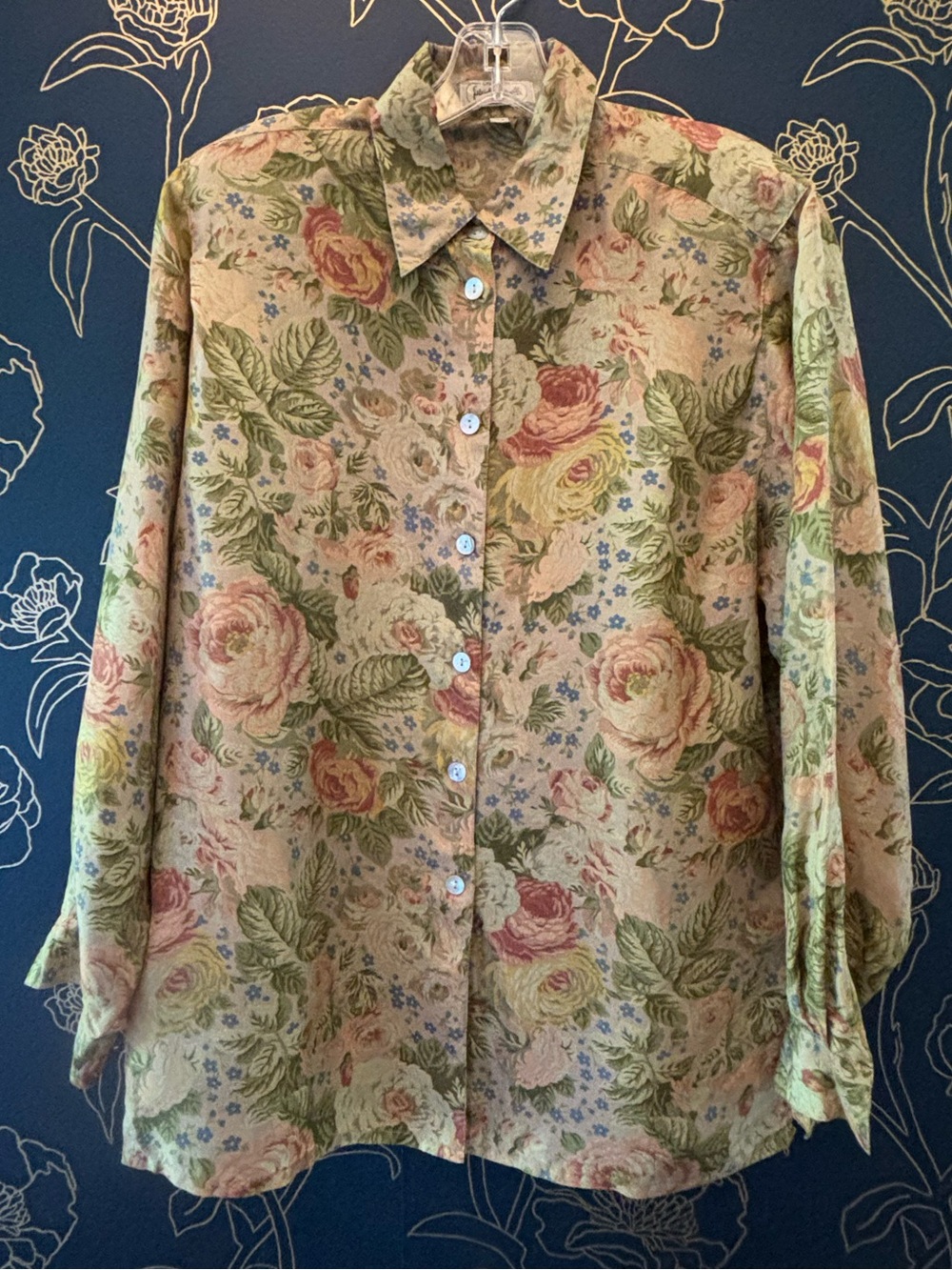 VINTAGE 80s floral SILK BLOUSE cottagecore SHOULDERPADS designer LARGE